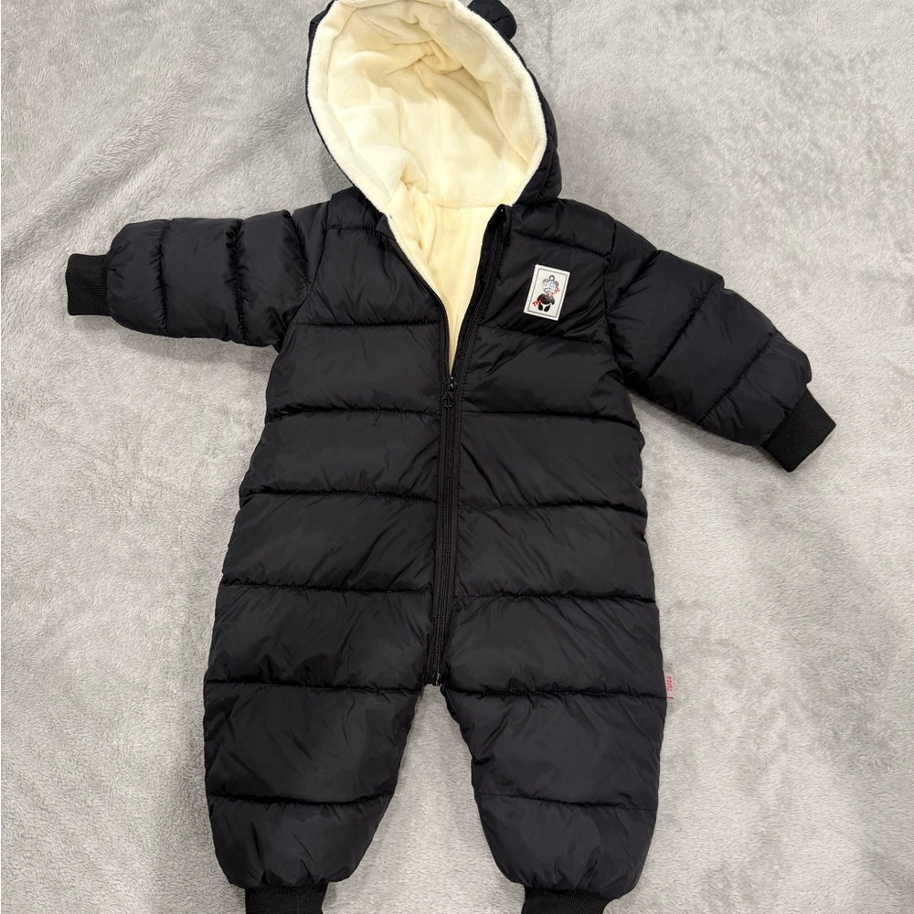Baby 6-12M Black Puffer One-Piece Snowsuit with Cream Lining